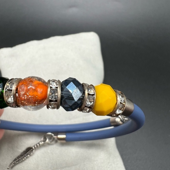 Murano Italy Multicolor Beaded Bracelet Blue Rubber Cord Silver Tone - Picture 10 of 11